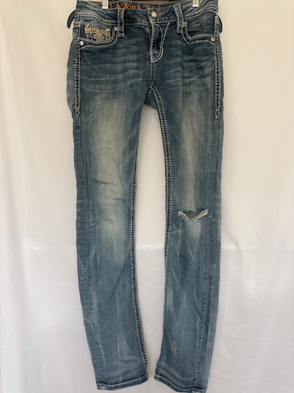 Rock Revival Light Blue Skinny Jeans with Distressed Knee